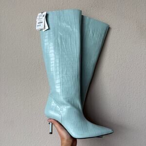 ZARA Light Blue Croc Embossed Leather Boots NWT NEW Size 38